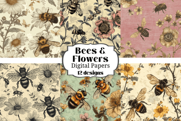 12 Bees & Flowers Seamless Backgrounds: Your Design Toolkit