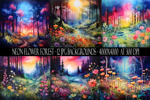 Neon Flower Forest Backgrounds: 12 High-Res Digital Papers